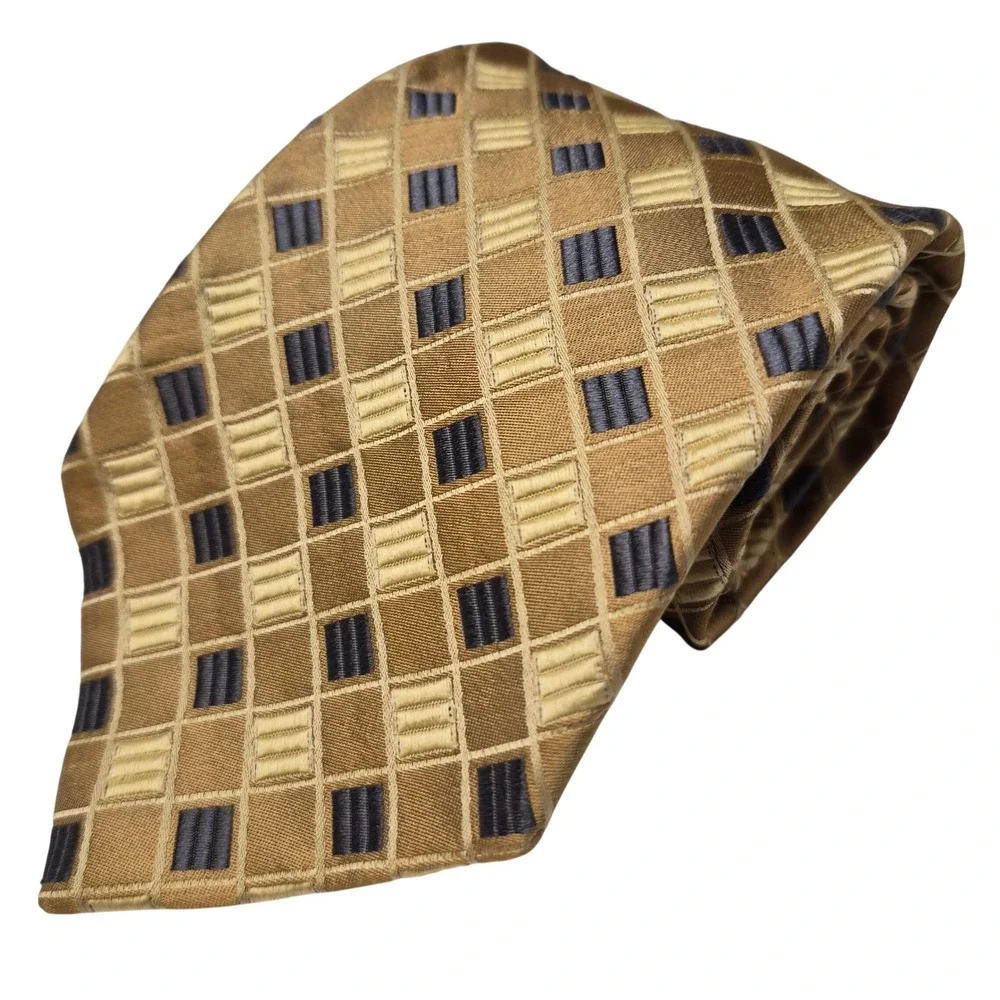 Ermenegildo Zegna Tie Mens Gold Blue Geometric Squares 100% Silk Italy Executive